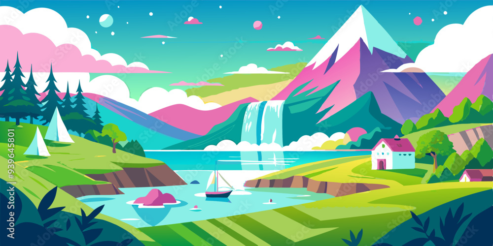 Fototapeta premium landscape with mountains and lake isolated on white background. PNG Transparent file type with high definition quality And vibrant color grading Available.