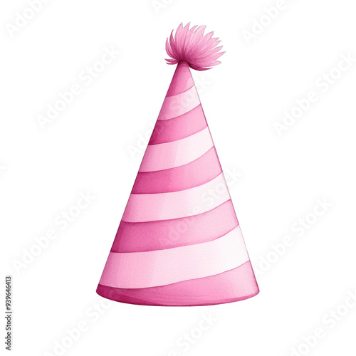 A vibrant pink party hat with playful stripes and a fluffy pom-pom, perfect for festive celebrations and birthday parties. transparent background watercolor style