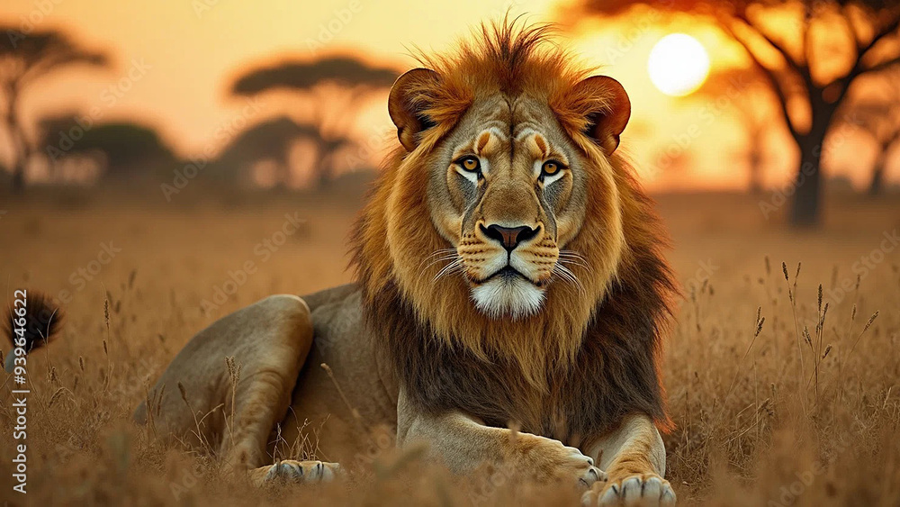 Fototapeta premium Portrait of a great lion, widescreen 16:9, 300 dpi, with free space for text