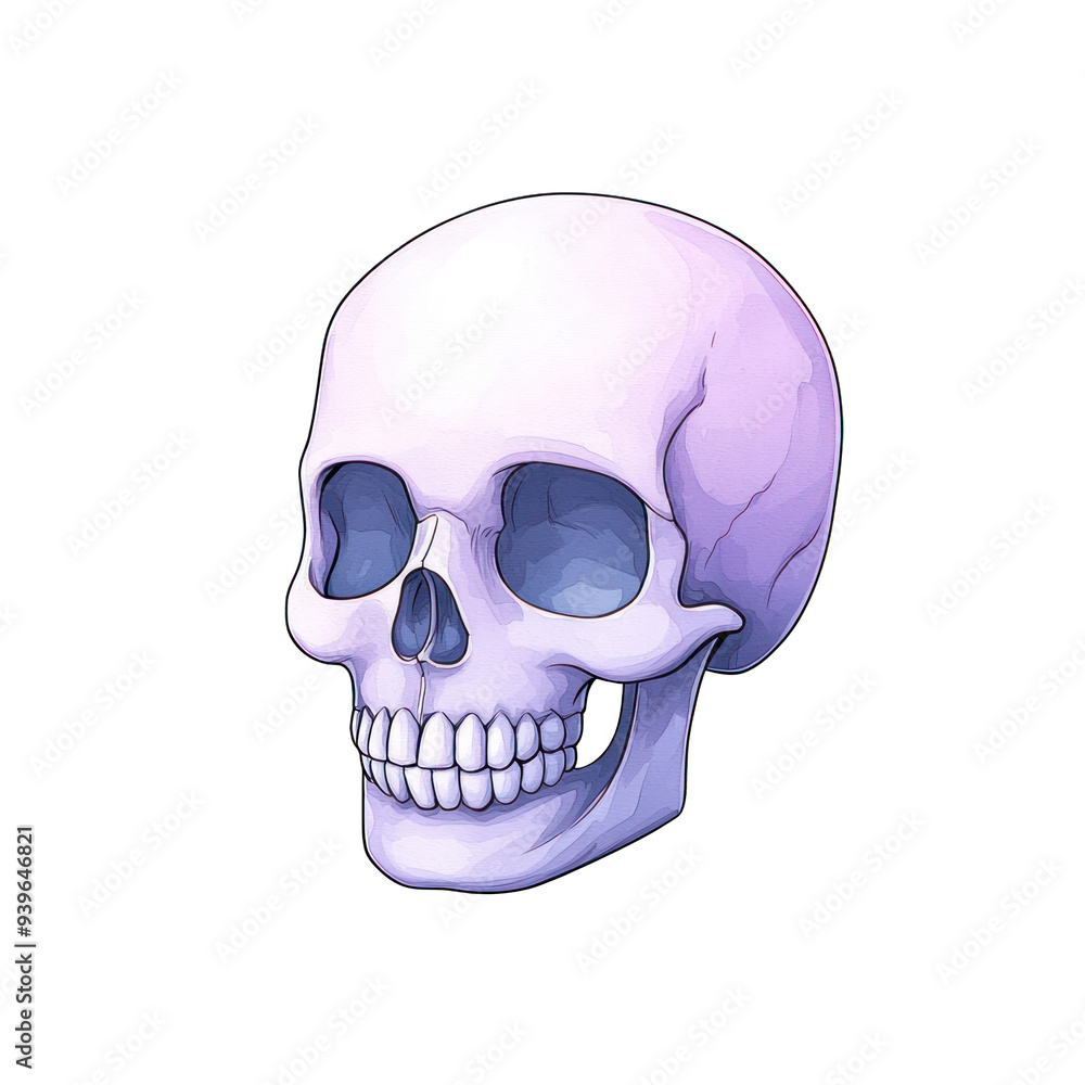 Obraz premium A vibrant, artistic depiction of a skull, showcasing intricate details and a unique style. Perfect for Halloween or educational use. transparent background watercolor style