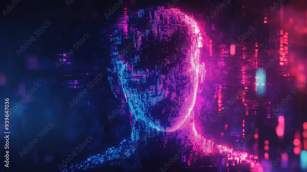 A dark, pixelated backdrop with a glowing, fragmented human figure in vibrant neon lights, distorted by glitch effects. A dark, pixelated backdrop with a glowing, fragmented human figure in vibrant neon lights, distorted by glitch effects.