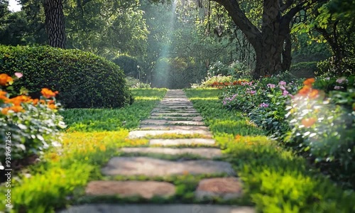 a stone path in the middle of a garden photo