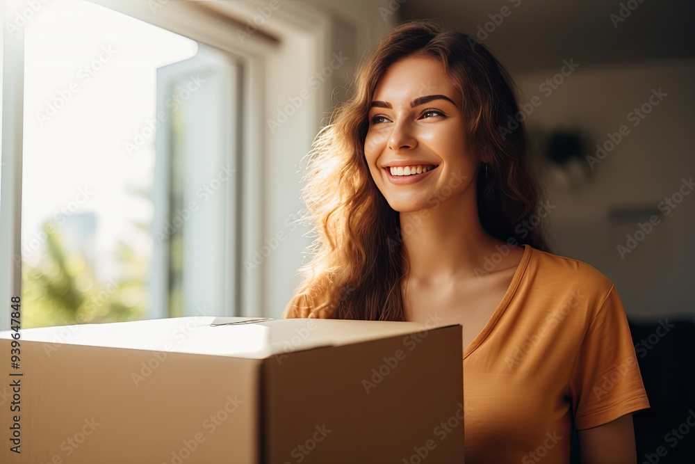 happy moving in, woman with cardboard happy moving in, woman with cardboard