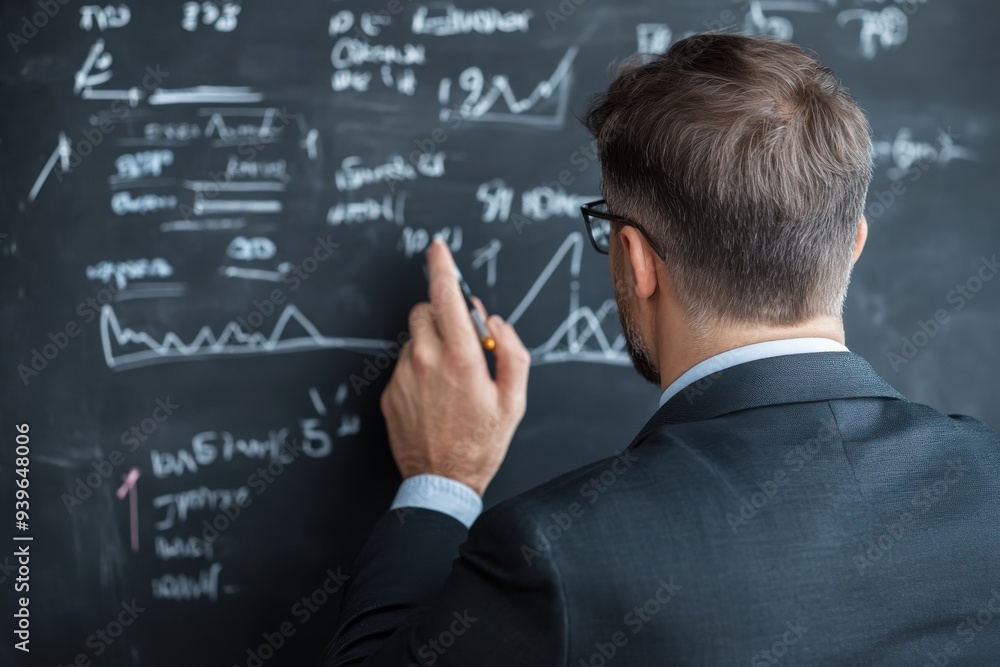 A businessman analyzes graphs and data on a blackboard, illustrating a concept of growth and strategy in a corporate environment. A businessman analyzes graphs and data on a blackboard, illustrating a concept of growth and strategy in a corporate environment.