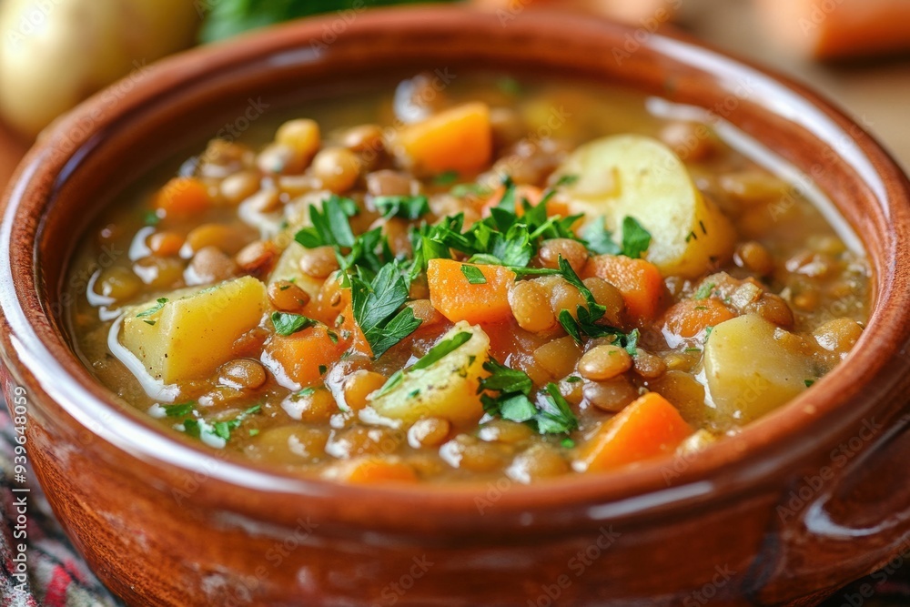 Hearty lentil stew in a ceramic bowl, with carrots, potatoes, and a sprinkle of parsley on top Hearty lentil stew in a ceramic bowl, with carrots, potatoes, and a sprinkle of parsley on top