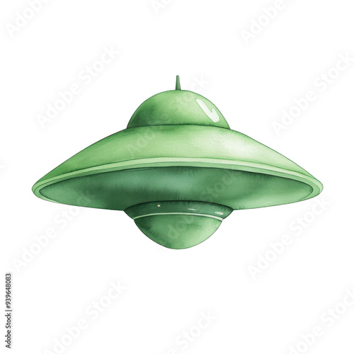 A whimsical green flying saucer, perfect for illustrating science fiction themes and extraterrestrial concepts. transparent background watercolor style photo