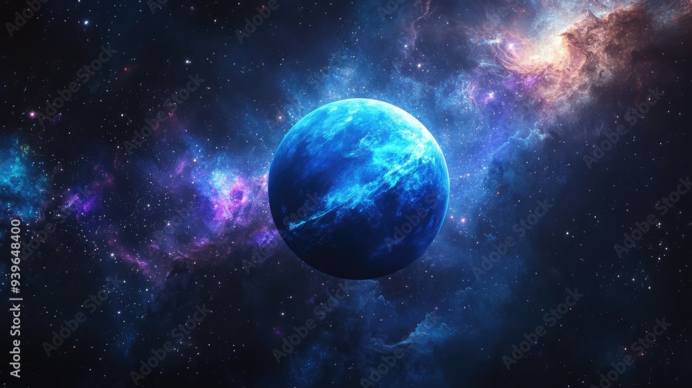 A close-up view of Neptune, illuminated by distant starlight, against a backdrop of colorful galaxies and interstellar dust. A close-up view of Neptune, illuminated by distant starlight, against a backdrop of colorful galaxies and interstellar dust.