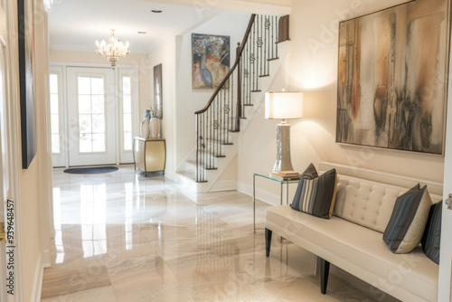 Ceiling-to-floor mirror in elegant living room. Plush couches, sleek laminate flooring, and high ceiling accentuate the chic interior design with contemporary art pieces.