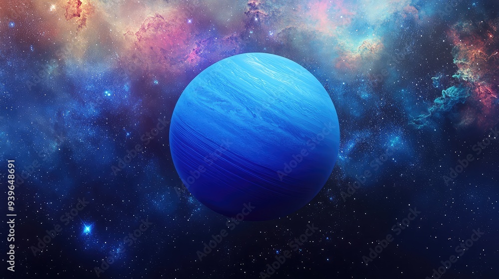 A close-up view of Neptune, illuminated by distant starlight, against a backdrop of colorful galaxies and interstellar dust. A close-up view of Neptune, illuminated by distant starlight, against a backdrop of colorful galaxies and interstellar dust.