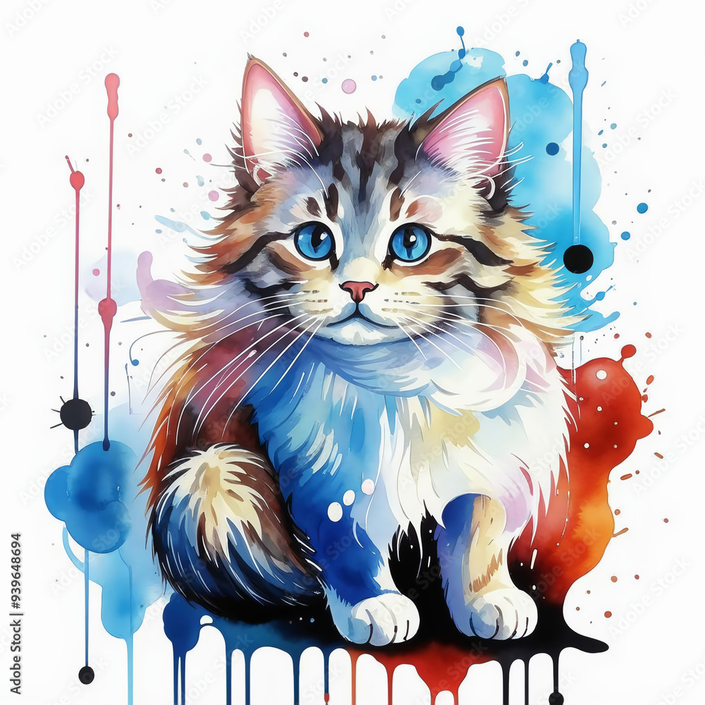 a multicolored, brown striped fluffy cat. a pet. a beautiful pet. watercolor illustration. artificial intelligence generator, AI, neural network image. background for the design. a multicolored, brown striped fluffy cat. a pet. a beautiful pet. watercolor illustration. artificial intelligence generator, AI, neural network image. background for the design.