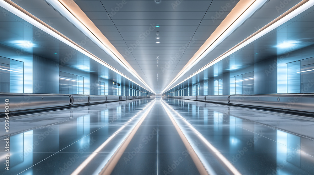 Pusty terminal lotniska o nowoczesnym i eleganckim designie, z oświetleniem sufitowym i błyszczącą podłogą, emanujący futurystycznym nastrojem. Pusty terminal lotniska o nowoczesnym i eleganckim designie, z oświetleniem sufitowym i błyszczącą podłogą, emanujący futurystycznym nastrojem.