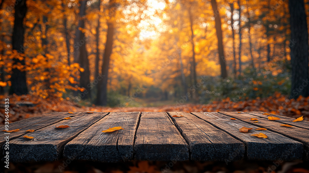 A beautiful fall sunset in the forest with a wooden table and blank plank, perfect for product display or advertising. A beautiful fall sunset in the forest with a wooden table and blank plank, perfect for product display or advertising.