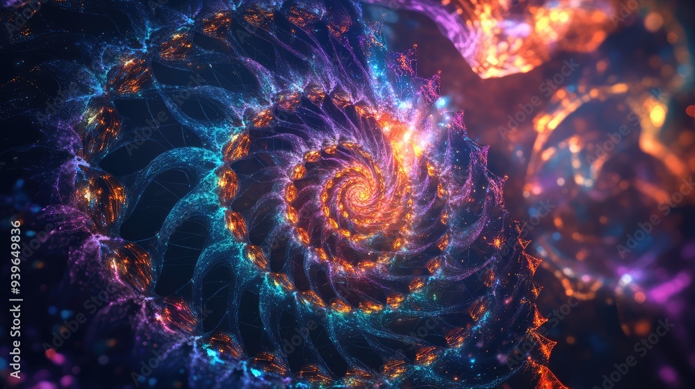 A captivating spiral fractal web, featuring vibrant, glowing threads and an intricate, symmetrical design. A captivating spiral fractal web, featuring vibrant, glowing threads and an intricate, symmetrical design.