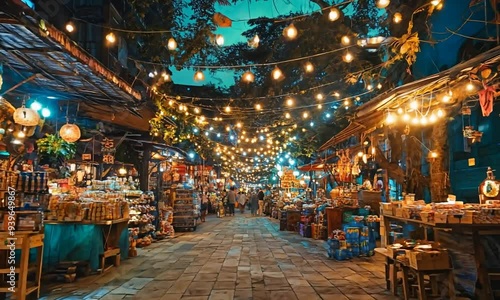 a street with a lot of lights strung over it
