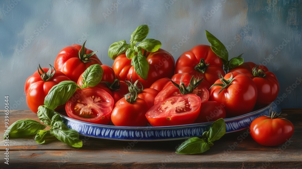 Juicy tomatoes on a rustic table, highlighted by basil and warm light, evoke summer's freshness. Juicy tomatoes on a rustic table, highlighted by basil and warm light, evoke summer's freshness.