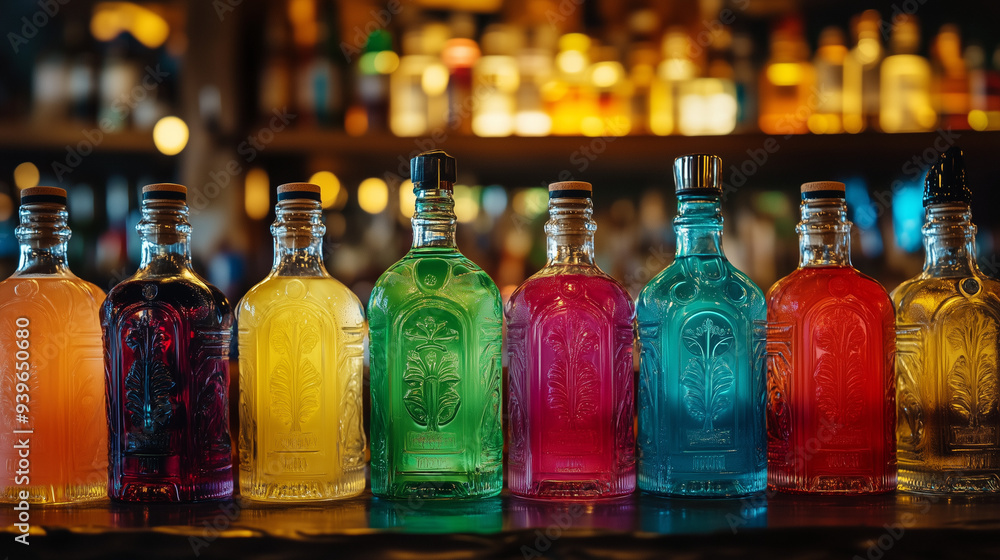 Różnorodne, kolorowe napoje w stylowych butelkach ułożone na ladzie baru, z rozmytym tłem innych alkoholi. Różnorodne, kolorowe napoje w stylowych butelkach ułożone na ladzie baru, z rozmytym tłem innych alkoholi.