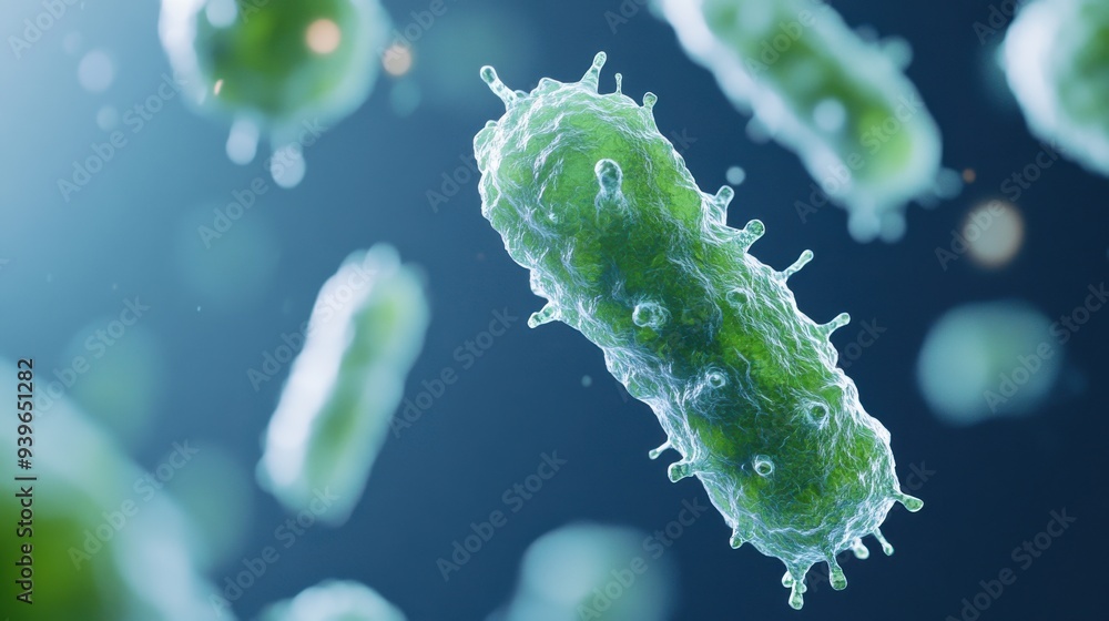 Fototapeta premium Close-up view of green bacteria with a detailed texture, showcasing their unique shapes and structures in a microscopic environment.