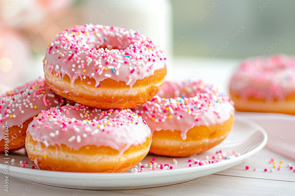 Delicious Pink Donuts with Sprinkles Stacked on a Plate. Sweet Treats Ideal for Dessert Lovers Perfect for Celebrations and Special Occasions Delicious Pink Donuts with Sprinkles Stacked on a Plate. Sweet Treats Ideal for Dessert Lovers Perfect for Celebrations and Special Occasions