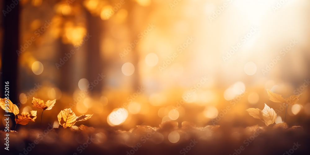 A golden autumn forest with sunlight streaming through colorful leaves, blurred background, free copy space for text A golden autumn forest with sunlight streaming through colorful leaves, blurred background, free copy space for text
