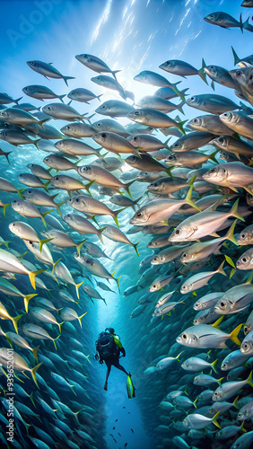 Mexico, Baja California, Sea of Cortez, Cabo Pulmo. As soon as I got in the water, I was greeted by thousands of Jacks, swimming peacefully and creating all kinds of beautiful silhouettes. It is very  photo