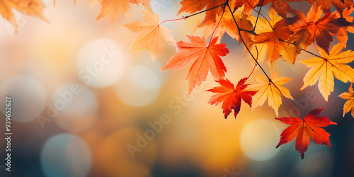 Autumn leaves hanging delicately from branches, with a blurred background, free copy space for text