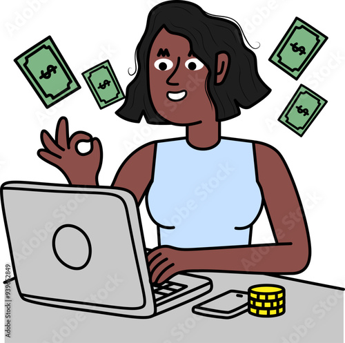 black woman earning money working online.eps