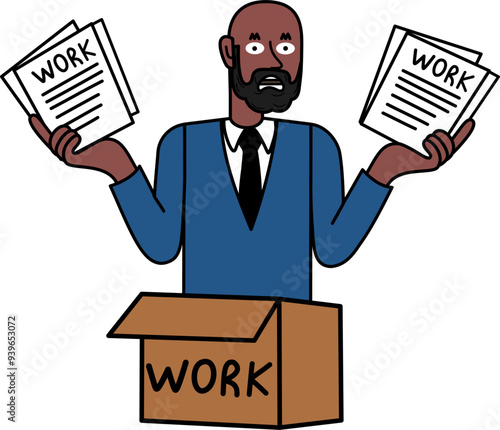 black businessman overloaded with work, buried in work.eps