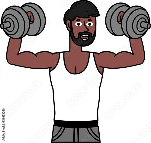 black man lifting weights with his arms showing power.eps