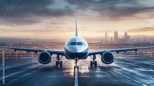 A modern airplane parked on a runway during a dramatic sunset, showcasing sleek design and vibrant clouds in the background.