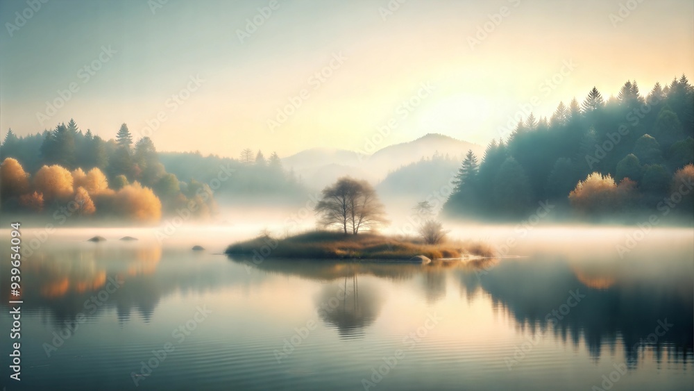 Fototapeta premium Foggy Lake with Golden Autumn Island Reflecting Tranquil Dawn