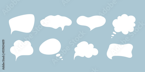 Speech bubble clouds set. Cute Message Box Collection. Doodle communication icon. White quote Frame isolated on Blue background. Fun cute Thinking idea Balloon. Vector illustration