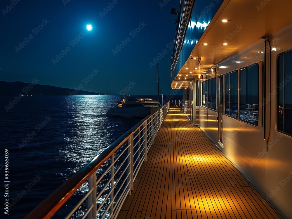 A serene nighttime view of a cruise ship deck illuminated by soft lights under the full moon, reflecting on calm waters. A serene nighttime view of a cruise ship deck illuminated by soft lights under the full moon, reflecting on calm waters.