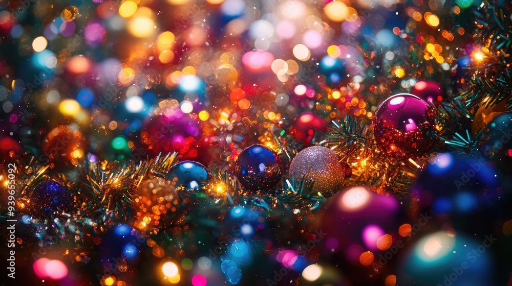 Naklejka premium Colorful Christmas Ornaments and Festive Lights Creating a Magical Holiday Atmosphere