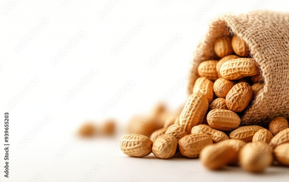 A burlap bag spilling peanuts on a white surface, emphasizing their texture and freshness in a minimalist, close-up composition. A burlap bag spilling peanuts on a white surface, emphasizing their texture and freshness in a minimalist, close-up composition.