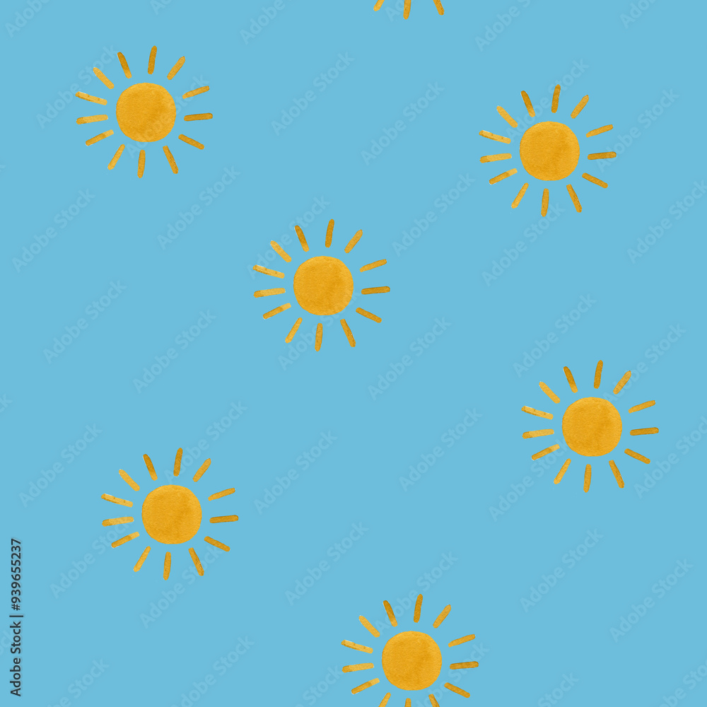 Children's cute seamless pattern with sun. Watercolor illustration on blue background. For wrapping paper, textile, wallpaper, fabric, backgrounds Children's cute seamless pattern with sun. Watercolor illustration on blue background. For wrapping paper, textile, wallpaper, fabric, backgrounds