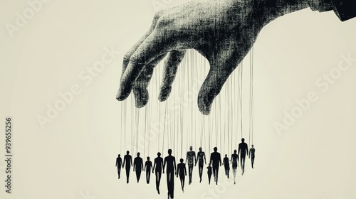 Manipulation Concept: Giant Hand Controlling Silhouetted People Like Puppets, Symbolizing Control and Influence
