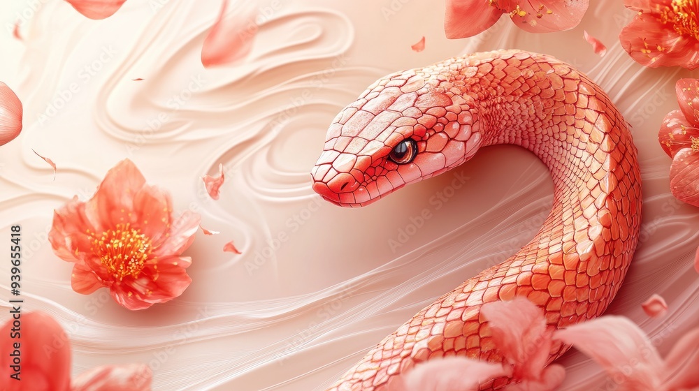 Obraz premium Elegant Pink Snake Among Soft Flower Petals in Serene Artistic Setting