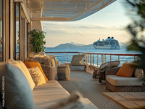 A serene view from a luxury cruise ship's deck, showcasing comfortable seating and a breathtaking sunset over calm waters.