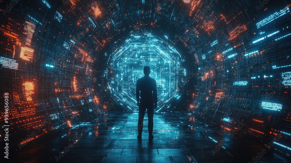 Futuristic Digital Tunnel with Silhouette of a Man in a Neon Cyber World Futuristic Digital Tunnel with Silhouette of a Man in a Neon Cyber World