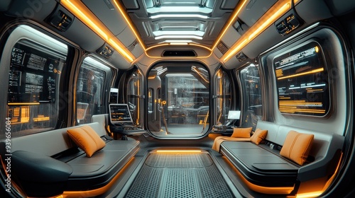 Futuristic Spacecraft Interior with Advanced Technology and Orange Ambient Lighting