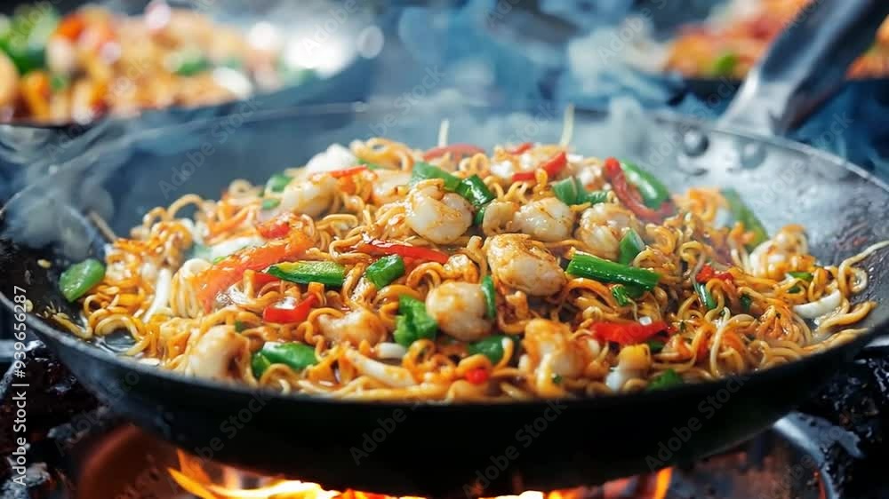 Stir-frying colorful noodles with vegetables and seafood over an open flame in a bustling kitchen Stir-frying colorful noodles with vegetables and seafood over an open flame in a bustling kitchen