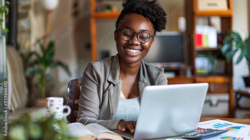 A smiling Black woman pays bills online at her home office with a laptop and calculator. A smiling Black woman pays bills online at her home office with a laptop and calculator.