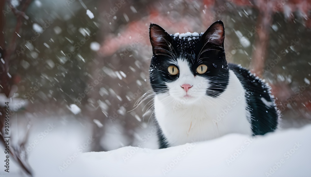Fototapeta premium black and white cat in the snow