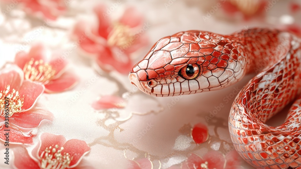 Obraz premium Vibrant Red Snake Among Floral Patterns - Close-up of Serpent on Decorative Fabric