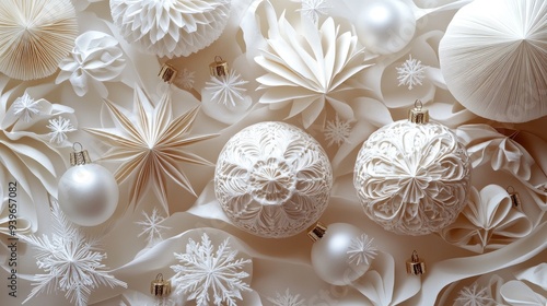 Elegant White Christmas Decorations with Ornaments and Snowflakes for Festive Holiday Interiors