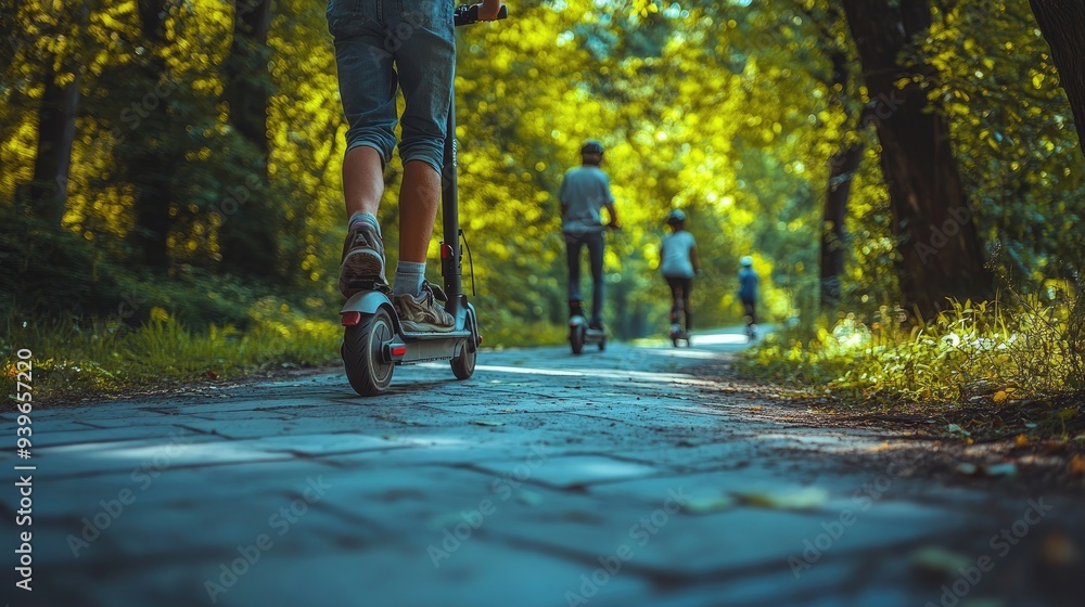 Young People Riding Electric Scooters in Scenic Forest Park Pathway Young People Riding Electric Scooters in Scenic Forest Park Pathway