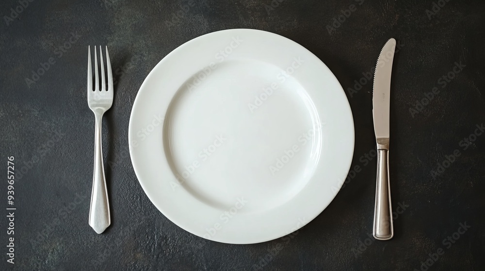 Plate, fork, and knife arranged on a flat surface, viewed from above. Plate, fork, and knife arranged on a flat surface, viewed from above.