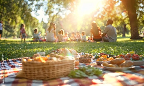 a picnic with food on a blanket in a park