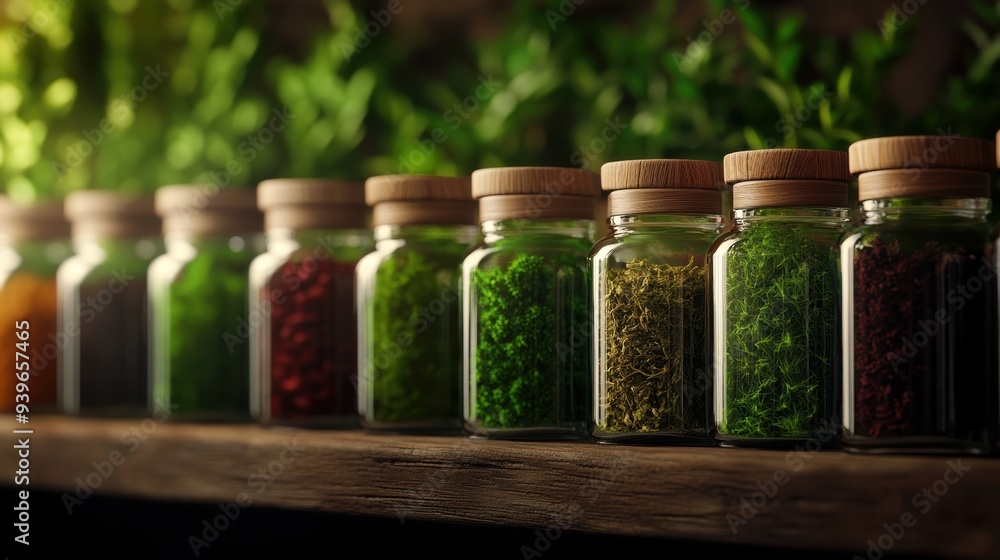 A row of glass jars containing various herbs and spices, arranged on a wooden shelf with a green foliage background.