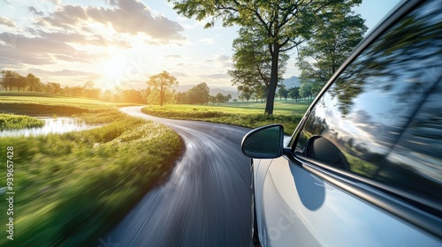 ** Scenic Drive at Sunset on Winding Country Road with Lush Greenery and Reflection on Car Window